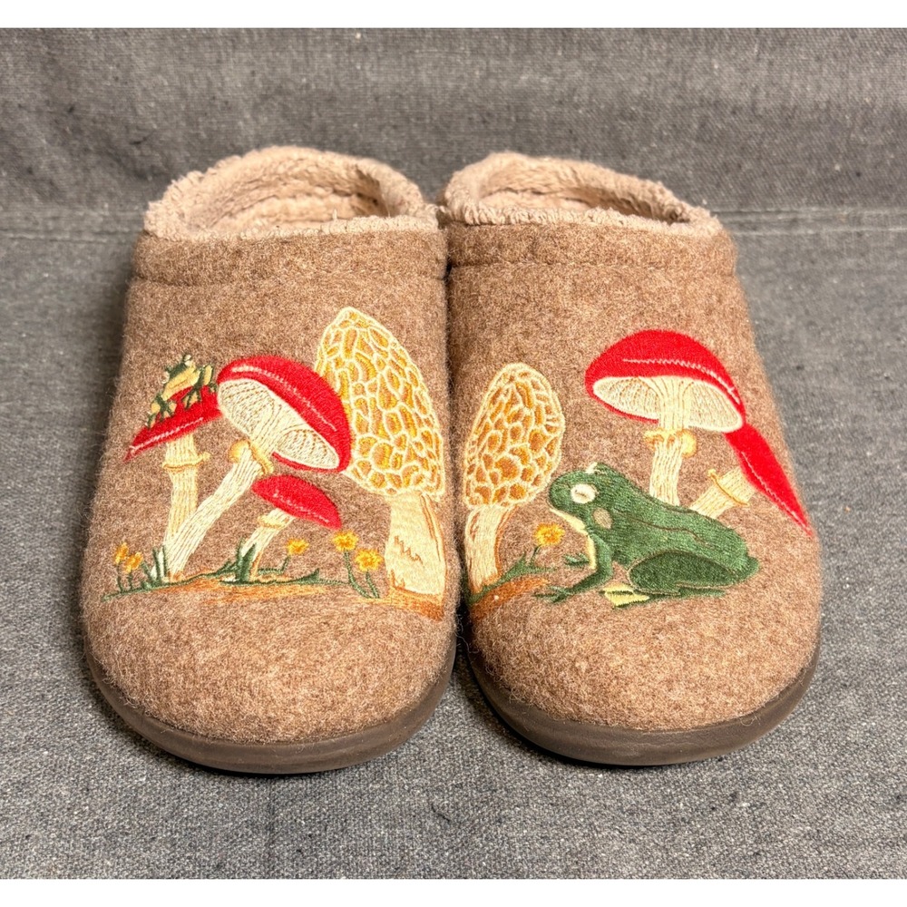 LL Bean Daybreak Scuffs Slippers Brown Wool Frog Mushroom Embroidery Womens 7
